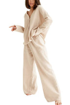 Chouyatou Womens Cotton Gauze Loungewear Sets Casual 2 Piece Sleepwear Button Down Shirt and Wide Leg Pants Outfits