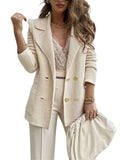 Chouyatou Women's Casual Notched Lapel Double Breasted Large Pocket Ribbed Blazer Jacket