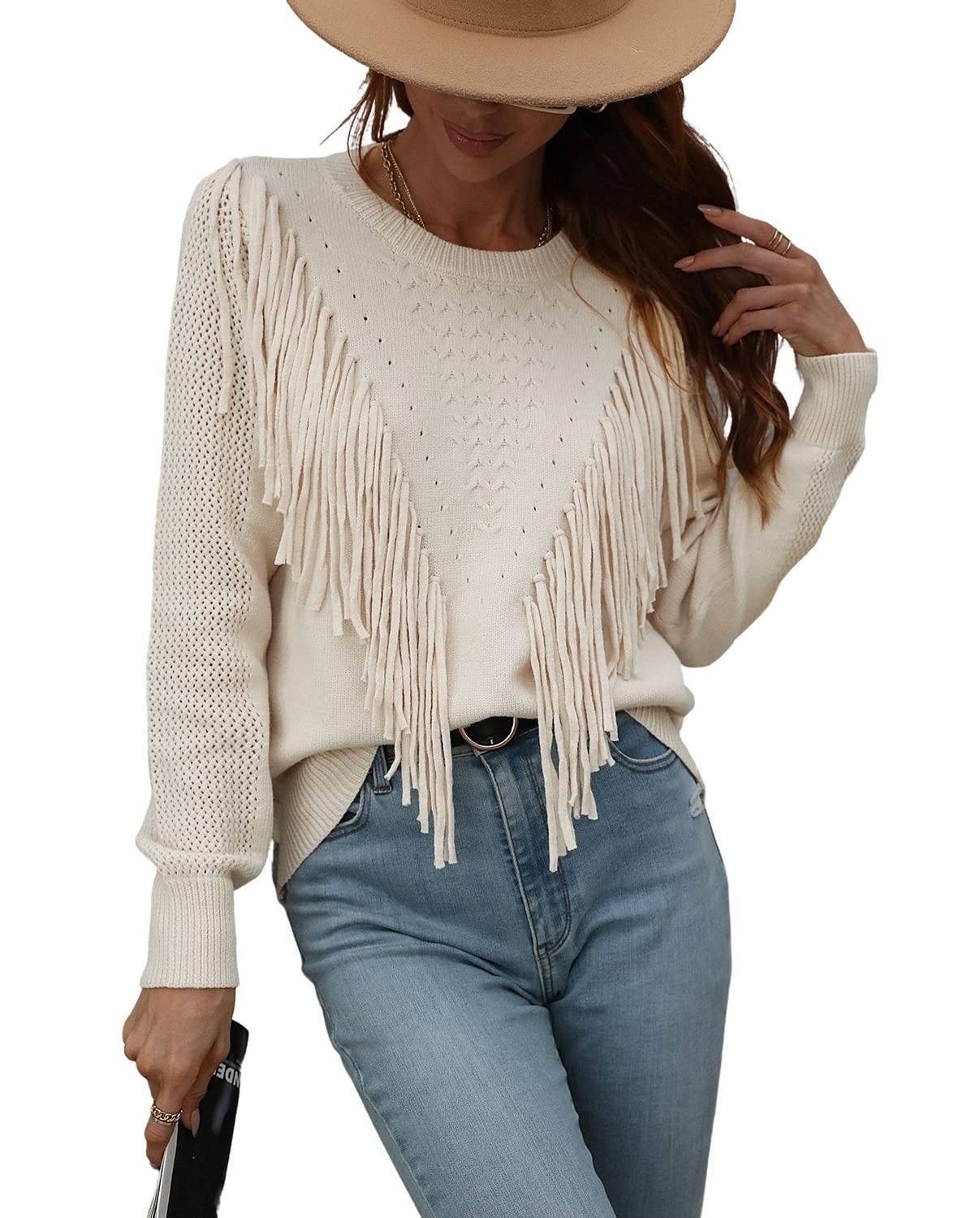 Chouyatou Women's Casual Crewneck Fringe Tassel Knitted Pullover