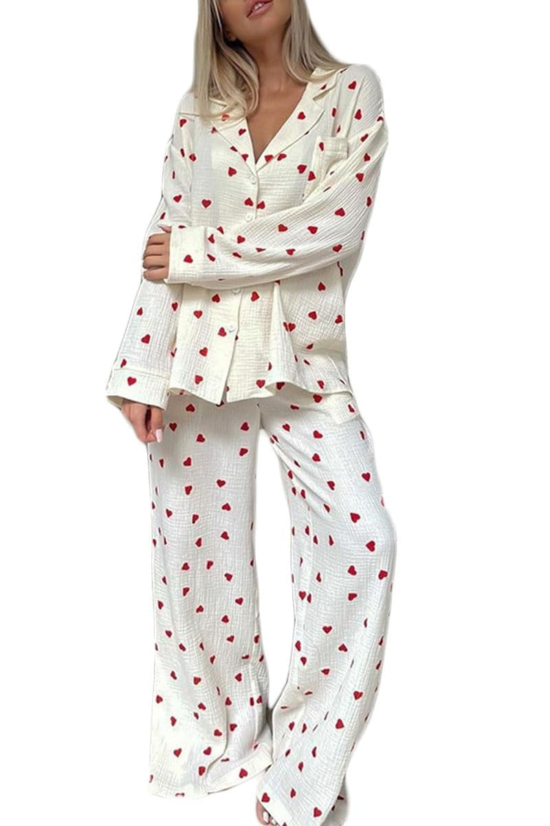 Chouyatou Womens Pajama Sets Cotton Pj Set Cute Heart Print Long Sleeve Button Down Shirt With Long Pants
