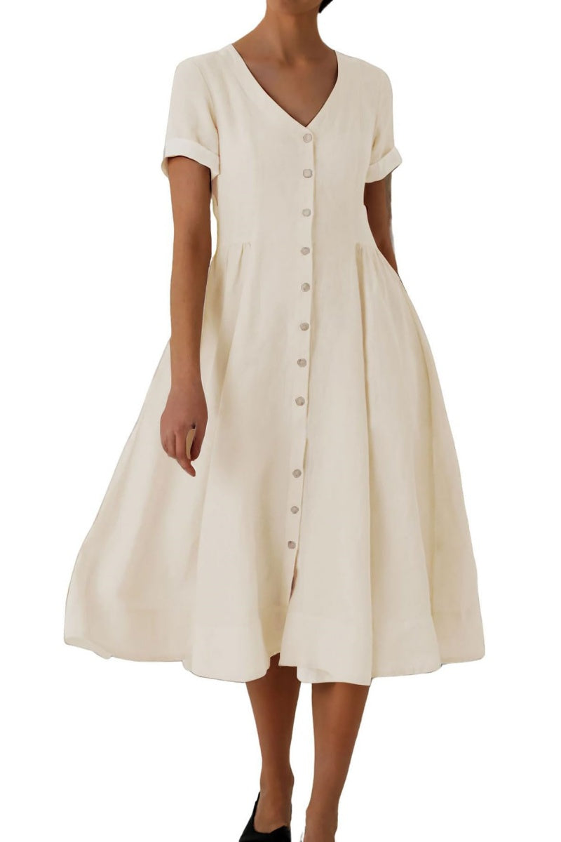 Chouyatou Women's Summer Fit and Flare Swing Cotton Dress Casual V-Neck Button Down Beach Midi Dress