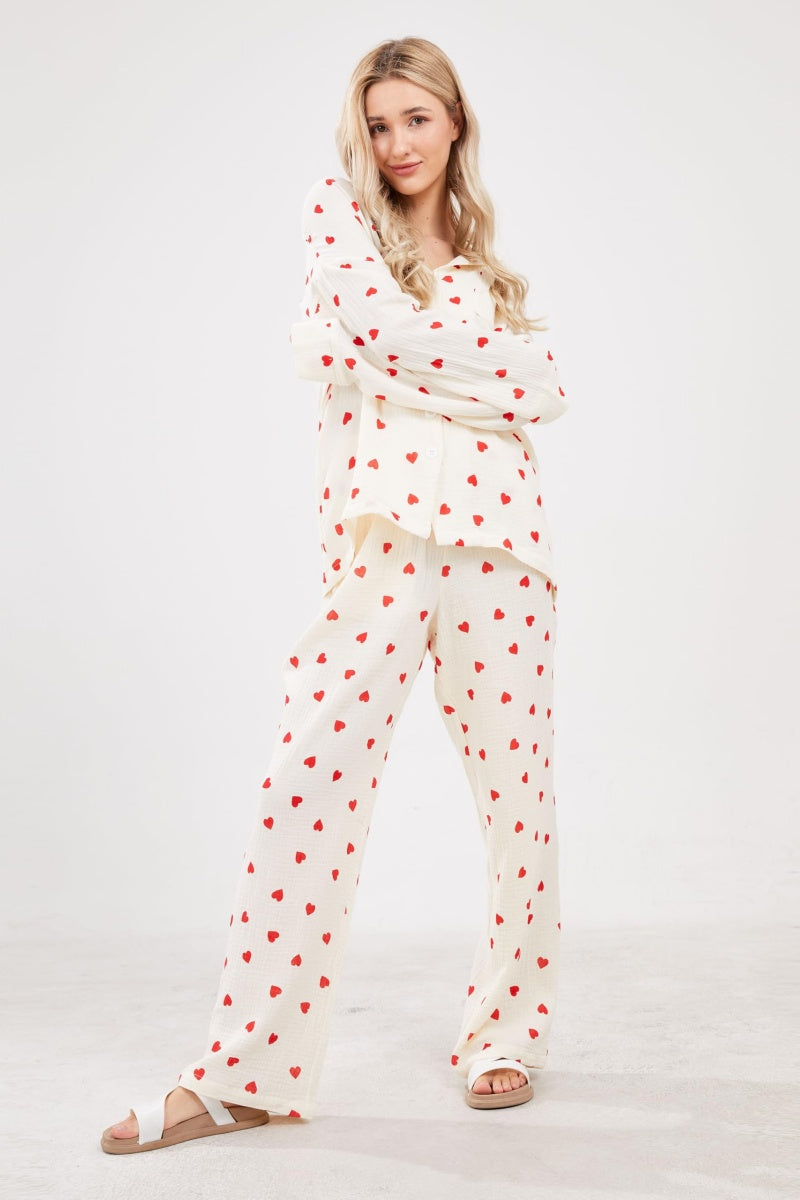 Chouyatou Womens Pajama Sets Cotton Pj Set Cute Heart Print Long Sleeve Button Down Shirt With Long Pants