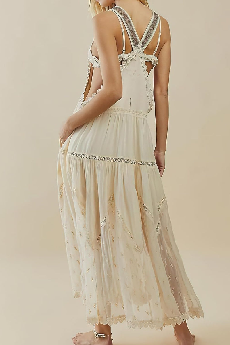 Chouyatou Women's Laced Embroidered Tulle Bib Dress Casual Loose Adjustable Straps Maxi Dress