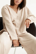 Chouyatou Womens Cotton Gauze Loungewear Sets Casual 2 Piece Sleepwear Button Down Shirt and Wide Leg Pants Outfits