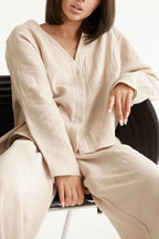 Chouyatou Womens Cotton Gauze Loungewear Sets Casual 2 Piece Sleepwear Button Down Shirt and Wide Leg Pants Outfits