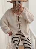 PICSCOVER Bow Knot Cardigan Fall Casual Oversized Ribbed Knit Sweater Cardigan Tops