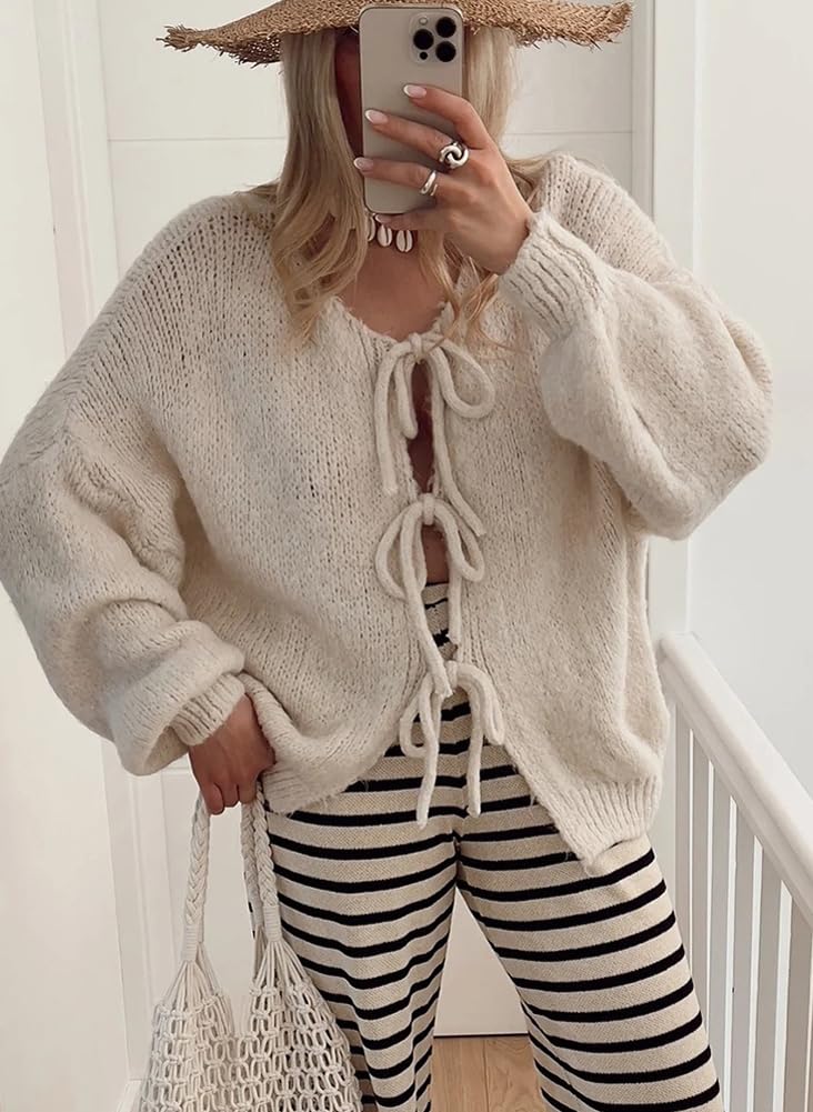 PICSCOVER Bow Knot Cardigan Fall Casual Oversized Ribbed Knit Sweater Cardigan Tops