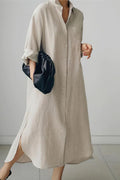 Chouyatou Women's Spring Button Down Cotton Shirt Dress Summer Flowy Side Slit Maxi Shift Dress