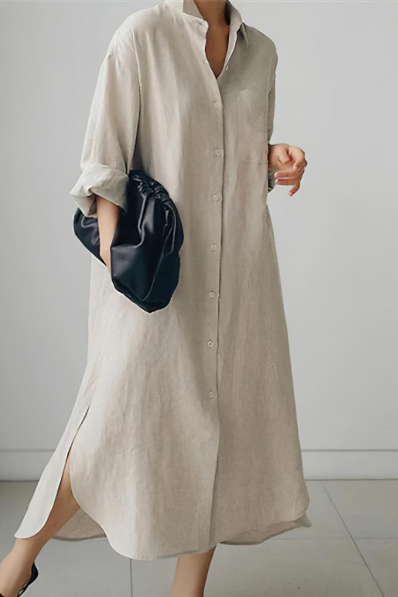 Chouyatou Women's Spring Button Down Cotton Shirt Dress Summer Flowy Side Slit Maxi Shift Dress
