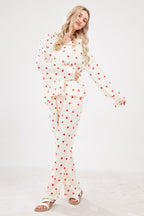 Chouyatou Womens Pajama Sets Cotton Pj Set Cute Heart Print Long Sleeve Button Down Shirt With Long Pants