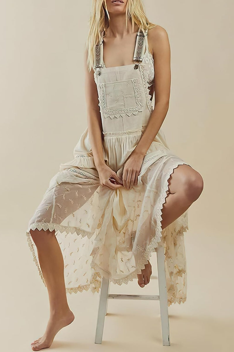 Chouyatou Women's Laced Embroidered Tulle Bib Dress Casual Loose Adjustable Straps Maxi Dress