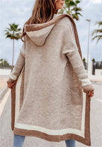 Chouyatou Women's Color Block Vertical Striped Open Front Oversized Hooded Long Cardigan Sweaters with Pockets