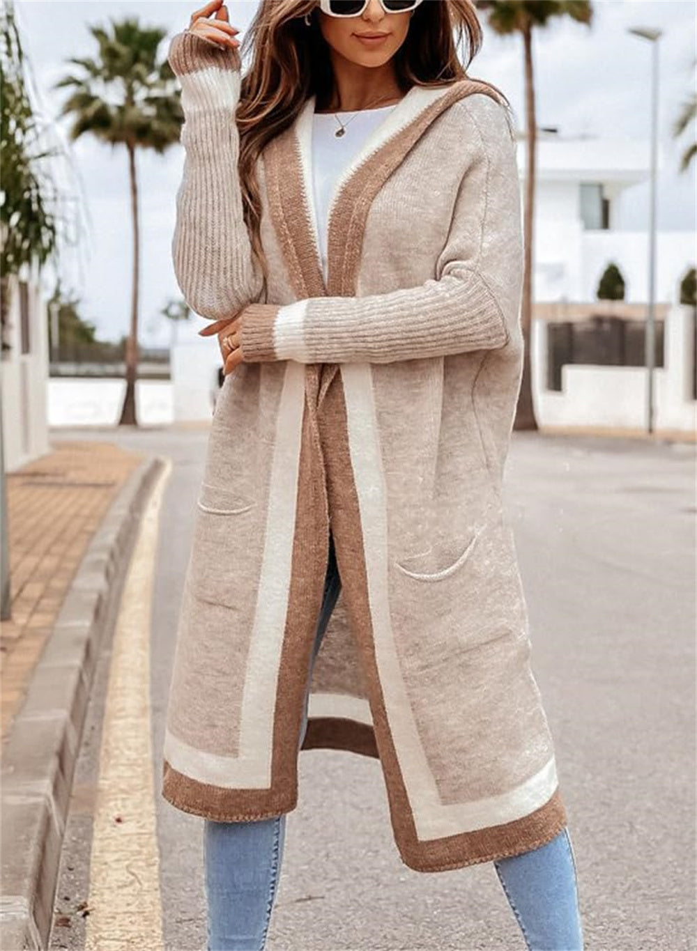 Chouyatou Women's Color Block Vertical Striped Open Front Oversized Hooded Long Cardigan Sweaters with Pockets