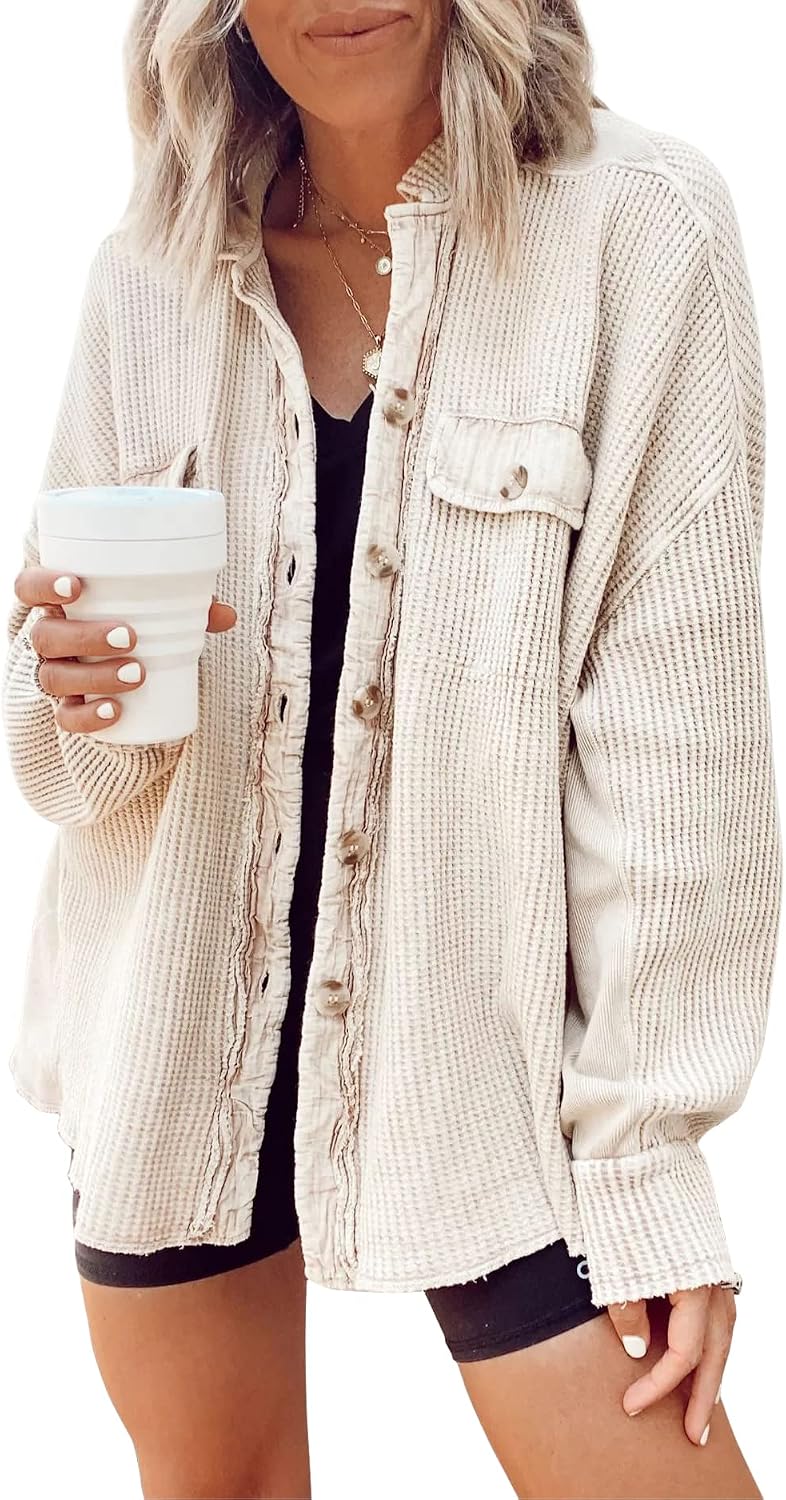 Chouyatou Women's Loose Fit Batwing Sleeve Waffle Knit Button Down Shirt Shacket Tops