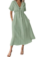 Chouyatou Women's Summer Boho V-Neck Cotton Tunic Dress Casual Loose Short Sleeve Midi Long Beach Dress