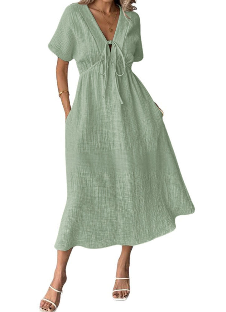 Chouyatou Women's Summer Boho V-Neck Cotton Tunic Dress Casual Loose Short Sleeve Midi Long Beach Dress