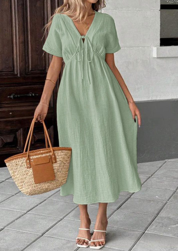 Chouyatou Women's Summer Boho V-Neck Cotton Tunic Dress Casual Loose Short Sleeve Midi Long Beach Dress