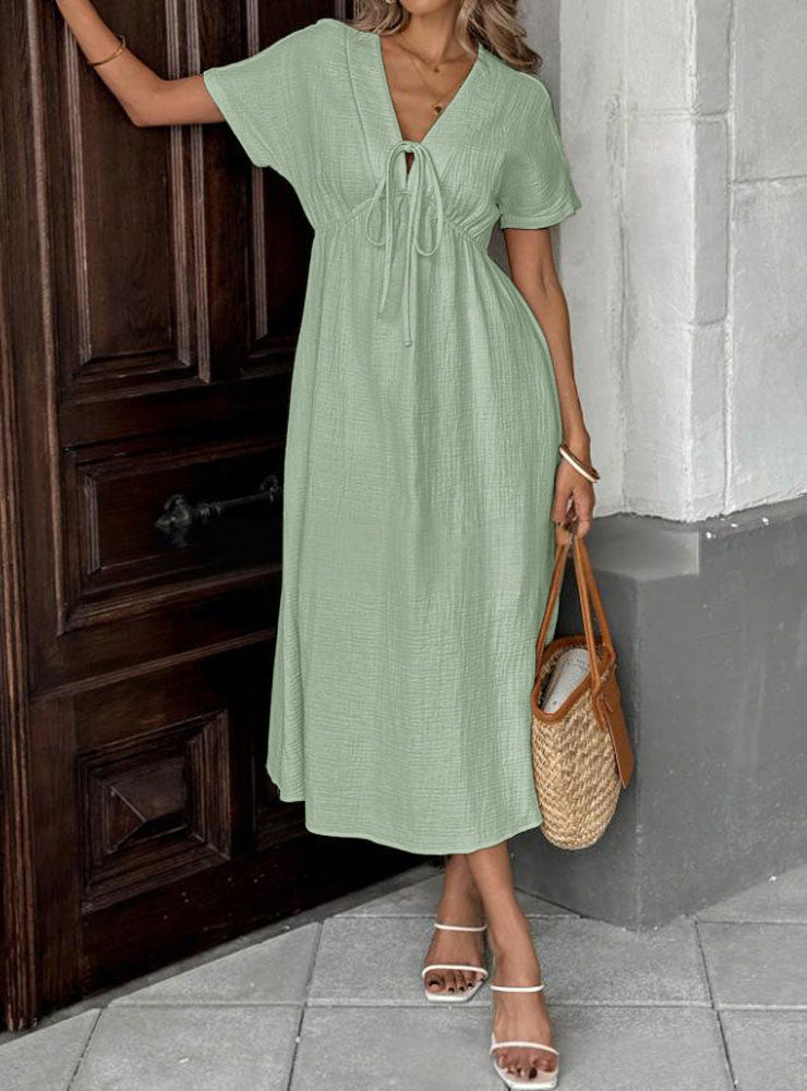 Chouyatou Women's Summer Boho V-Neck Cotton Tunic Dress Casual Loose Short Sleeve Midi Long Beach Dress
