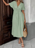 CHOUYATOU Women's Summer Boho V-Neck Cotton Tunic Dress Casual Loose Short Sleeve Midi Long Beach Dress