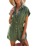 chouyatou Women's Short Cuffed Sleeve Utility Rompers Elastic Waist Button Down Cotton Pocketed Jumpsuit