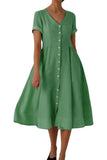 Chouyatou Women's Summer Fit and Flare Swing Cotton Dress Casual V-Neck Button Down Beach Midi Dress