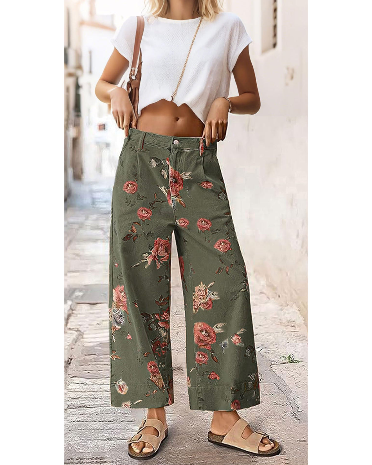 Chouyatou Women Mid Rise Cropped Wide Leg Jeans Baggy Floral Ankle Pants Denim Capris Flare Print Boho Palazzo Jeans Boyfriend