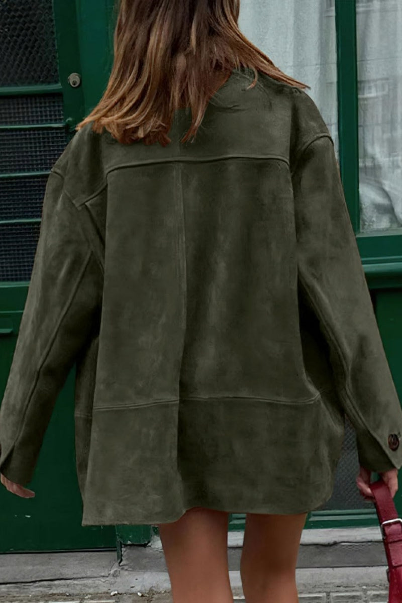 Chouyatou Women's Fall Boyfriend Faux Suede Leather Jacket Casual Midi Long Button Down Shacket Coat