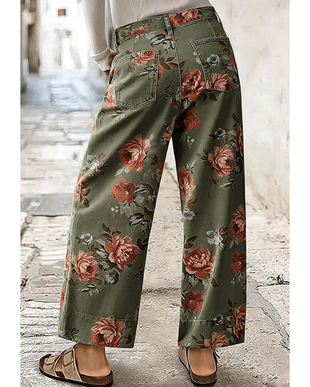 Chouyatou Women Mid Rise Cropped Wide Leg Jeans Baggy Floral Ankle Pants Denim Capris Flare Print Boho Palazzo Jeans Boyfriend
