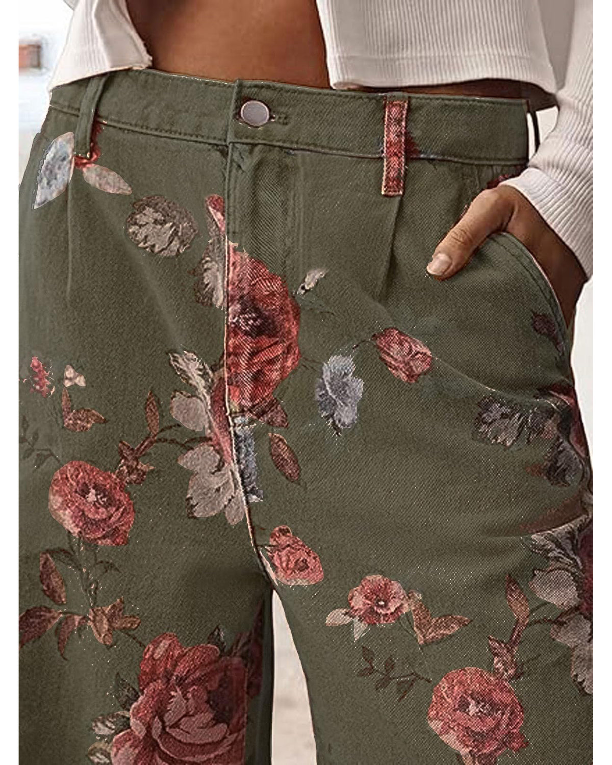 Chouyatou Women Mid Rise Cropped Wide Leg Jeans Baggy Floral Ankle Pants Denim Capris Flare Print Boho Palazzo Jeans Boyfriend
