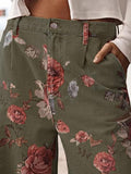 Chouyatou Women Mid Rise Cropped Wide Leg Jeans Baggy Floral Ankle Pants Denim Capris Flare Print Boho Palazzo Jeans Boyfriend