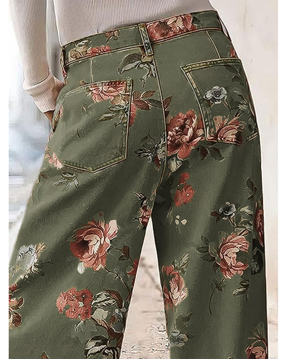 Chouyatou Women Mid Rise Cropped Wide Leg Jeans Baggy Floral Ankle Pants Denim Capris Flare Print Boho Palazzo Jeans Boyfriend