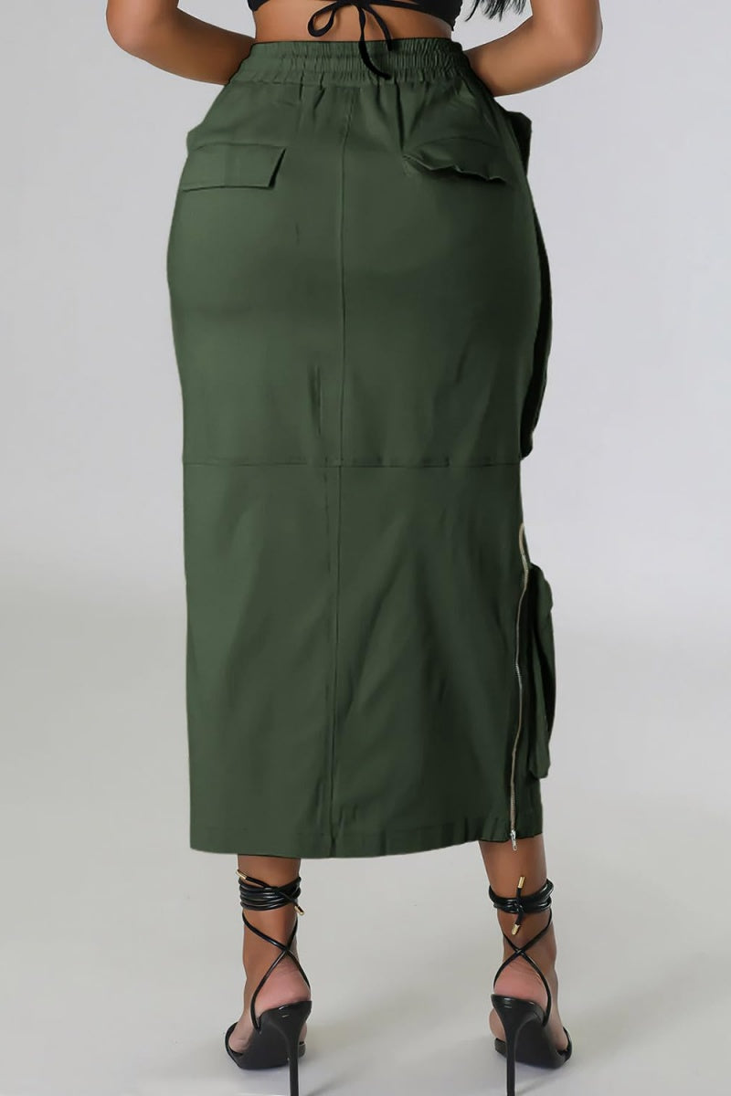 Chouyatou Women's Vintage 90s Drawstring Stretchy Zipper Muti-Pockets Pencil Long Cargo Skirt