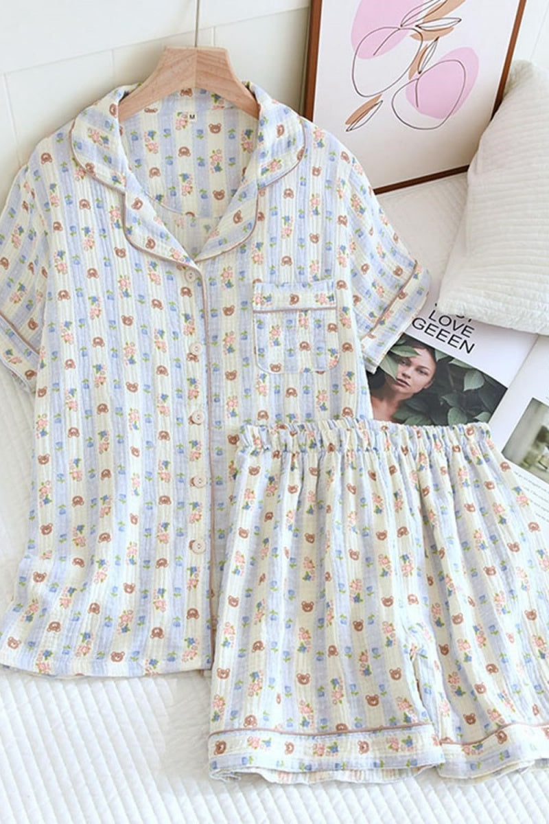 Chouyatou Womens Cute Pajama Set Short Sleeve Button Up Shirt and Shorts 2 Piece Cotton Pj Sets