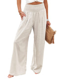 Chouyatou Women's Smocked High Waisted Cotton Linen Wide Leg Pants Palazzo with Pockets