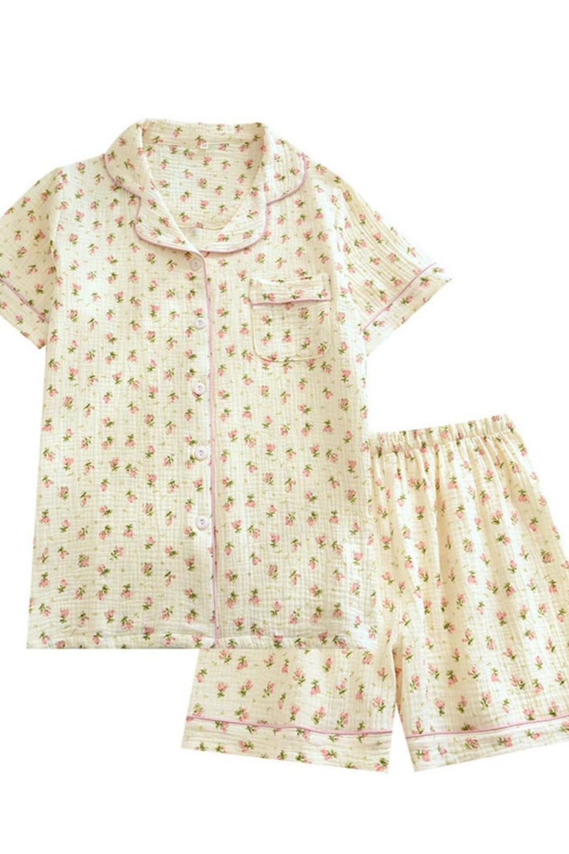Chouyatou Womens Cute Pajama Set Short Sleeve Button Up Shirt and Shorts 2 Piece Cotton Pj Sets