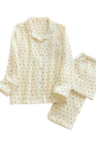 Chouyatou Womens Cotton Gauze Pajama Set Long Sleeve Button Up Shirt and Pants 2 Piece Cute Printed Pj Set