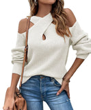 Chouyatou Women's Fall Sexy Criss Cross Halter Neck Cold Shoulder Tops Cutout Knit Sweater