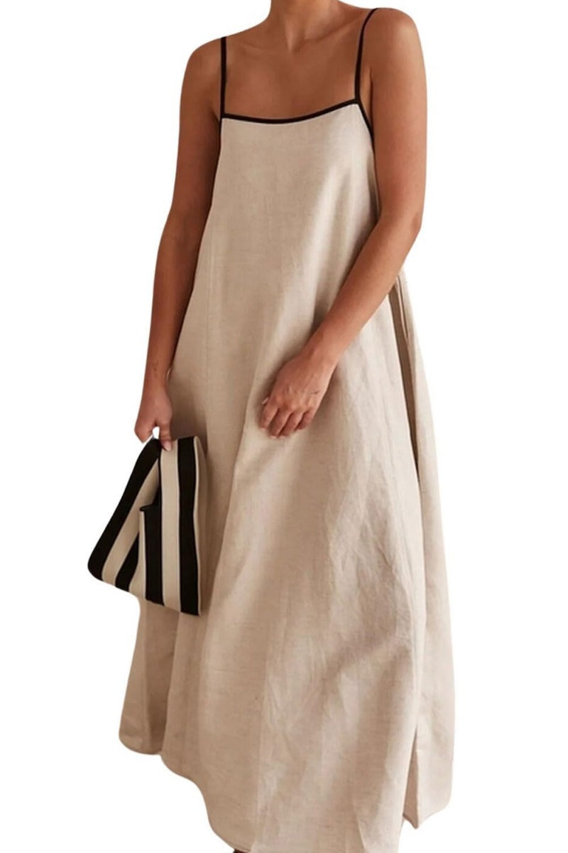 Chouyatou Women Summer Spaghetti Straps Linen Sleeveless Maxi Long Flowy Dress