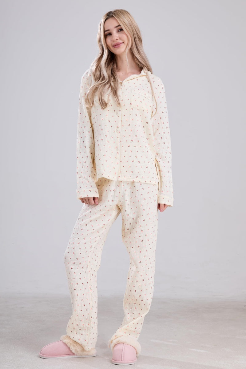Chouyatou Womens Cotton Gauze Pajama Set Long Sleeve Button Up Shirt and Pants 2 Piece Cute Printed Pj Set