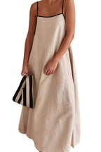 Chouyatou Women Summer Spaghetti Straps Linen Sleeveless Maxi Long Flowy Dress