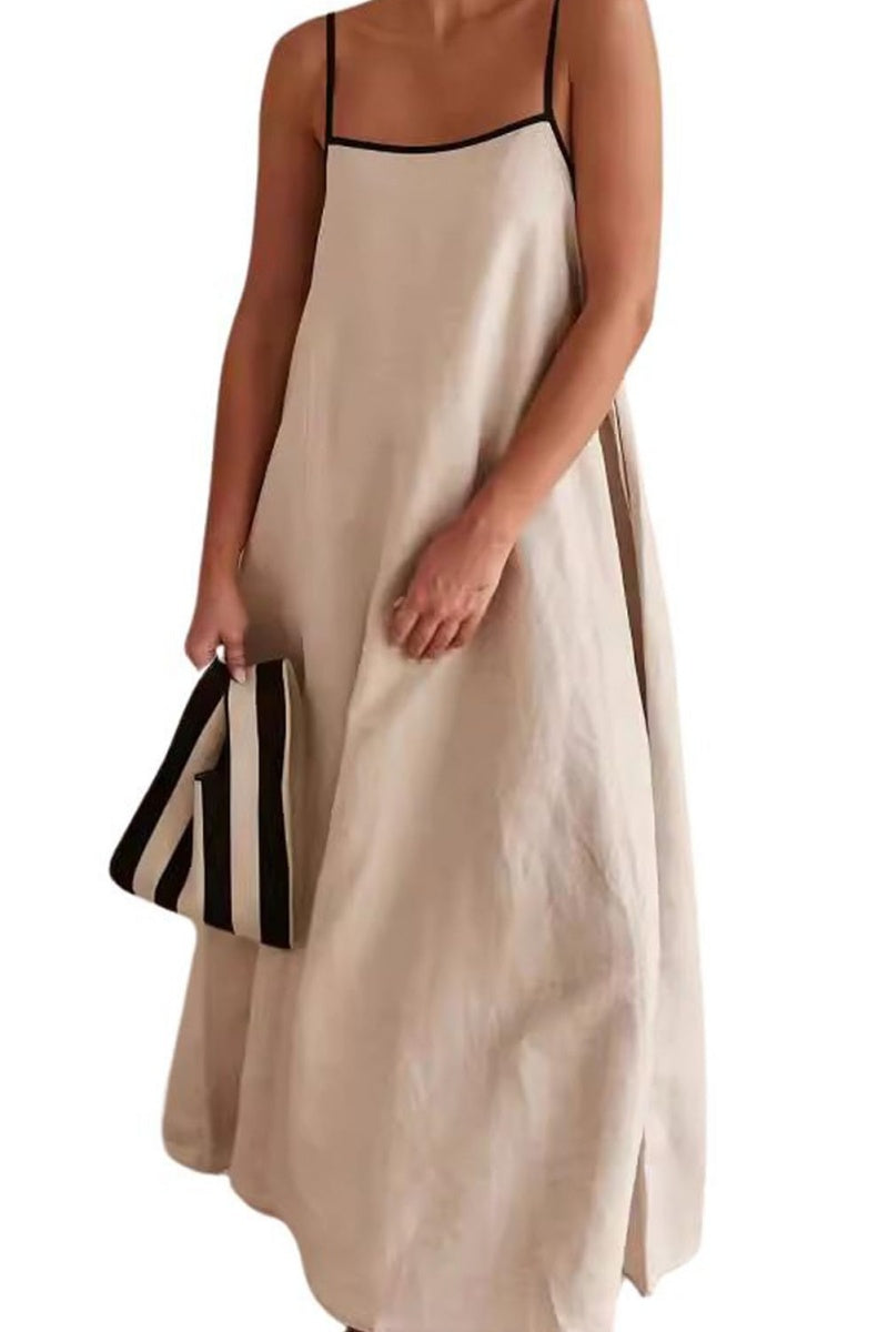 Chouyatou Women Summer Spaghetti Straps Linen Sleeveless Maxi Long Flowy Dress
