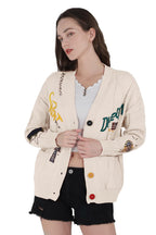 Chouyatou Women's Cable Knit Long Sleeve Open Front Cardigan Sheep V-Neck Button Down Embroidery Wool Blend Sweater Coat Outwear