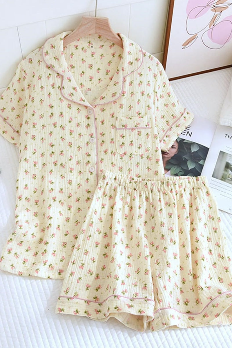 Chouyatou Womens Cute Pajama Set Short Sleeve Button Up Shirt and Shorts 2 Piece Cotton Pj Sets