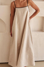 Chouyatou Women Summer Spaghetti Straps Linen Sleeveless Maxi Long Flowy Dress