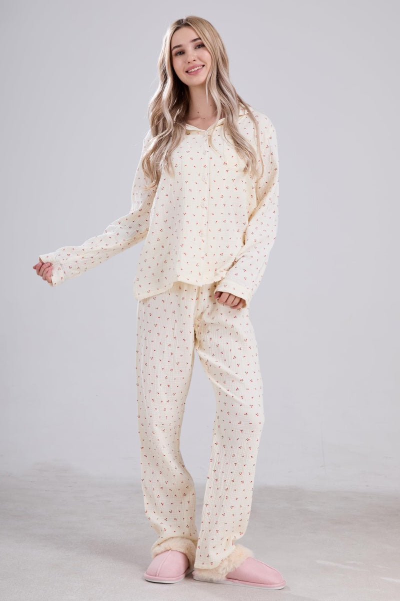 Chouyatou Womens Cotton Gauze Pajama Set Long Sleeve Button Up Shirt and Pants 2 Piece Cute Printed Pj Set