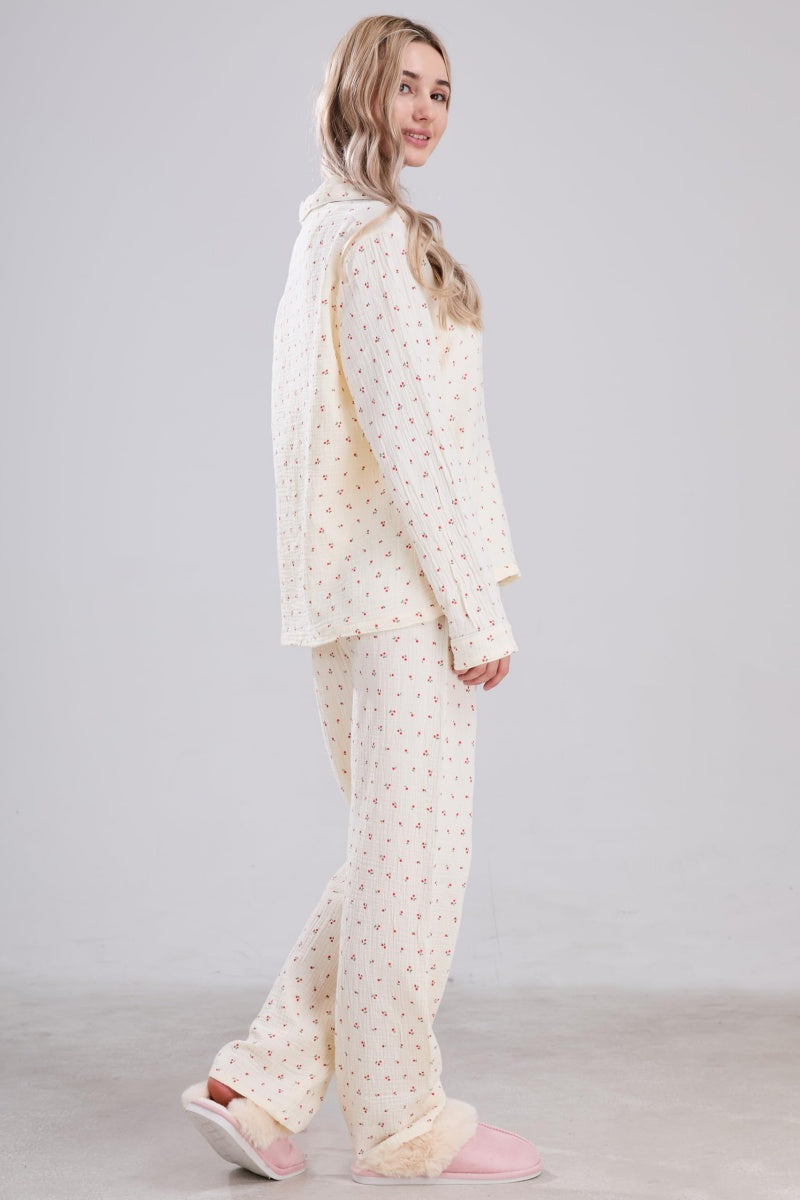 Chouyatou Womens Cotton Gauze Pajama Set Long Sleeve Button Up Shirt and Pants 2 Piece Cute Printed Pj Set