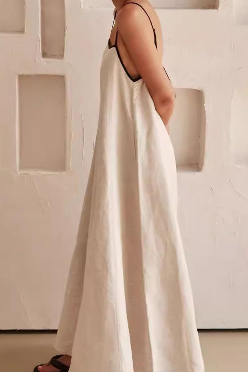 Chouyatou Women Summer Spaghetti Straps Linen Sleeveless Maxi Long Flowy Dress