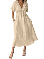 Chouyatou Women's Summer Boho V-Neck Cotton Tunic Dress Casual Loose Short Sleeve Midi Long Beach Dress
