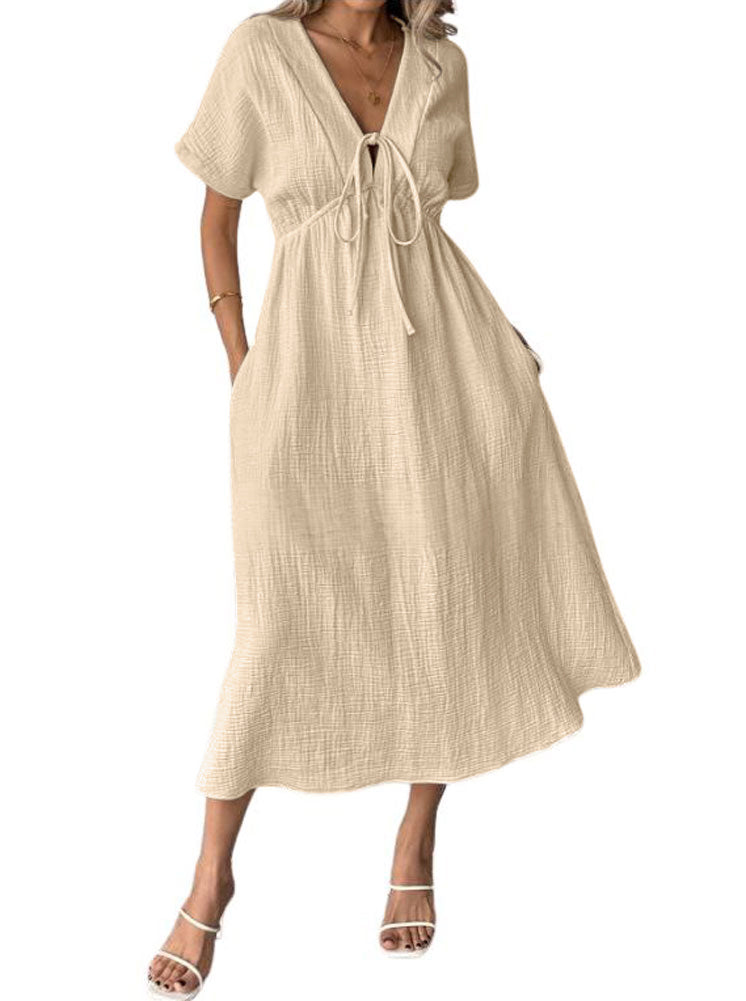 Chouyatou Women's Summer Boho V-Neck Cotton Tunic Dress Casual Loose Short Sleeve Midi Long Beach Dress