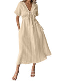 CHOUYATOU Women's Summer Boho V-Neck Cotton Tunic Dress Casual Loose Short Sleeve Midi Long Beach Dress